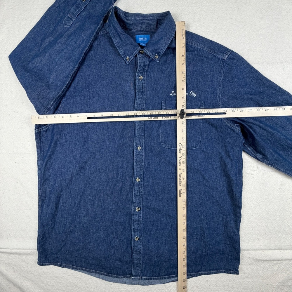 Port & Company Mens 2XL Blue Denim Button Down Shirt La Verkin City Embroidered - Picture 5 of 7